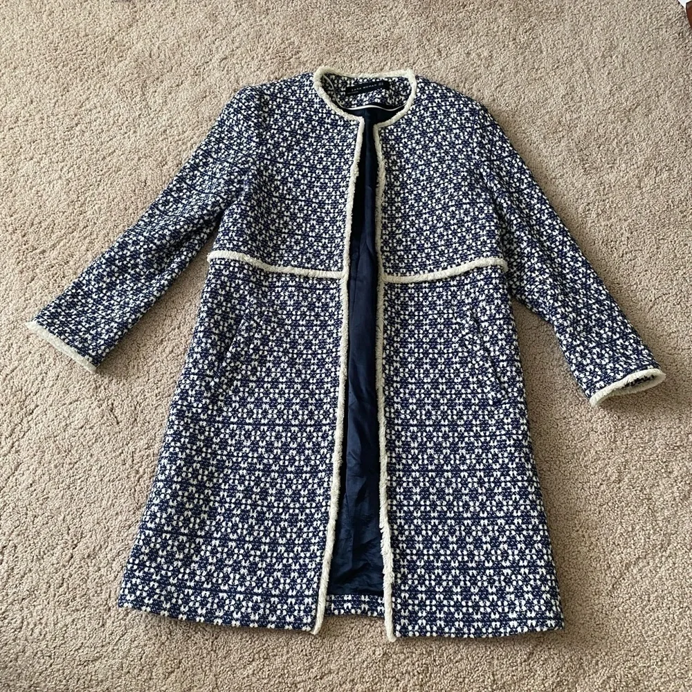 Zara- Viral “That Coat” Navy and White Tweed Long Sleeve Open Front Jacket